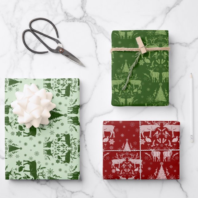 Winter Woodland Damask w/ reindeer & fir trees  Wrapping Paper Sheet (Front)