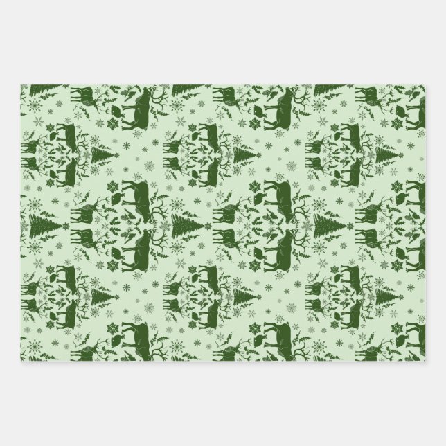 Winter Woodland Damask w/ reindeer & fir trees  Wrapping Paper Sheet (Front)