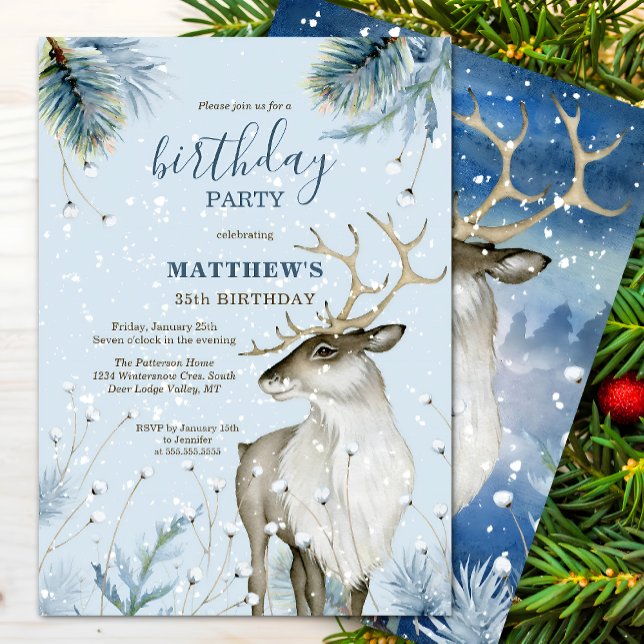 Winter Woodland Deer Birthday Party Invitation (Winter wonderland deer birthday party invitation front and back view.)