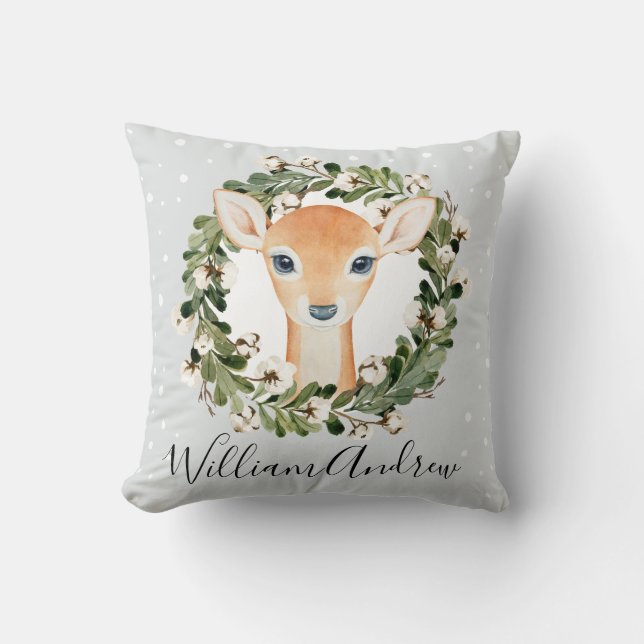 Winter Woodland Deer Botanical Floral Wreath Fawn Cushion (Front)