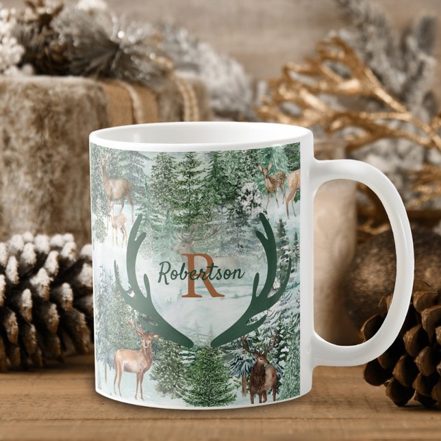 Winter Woodland Deer Christmas Monogram Coffee Mug (Creator Uploaded)