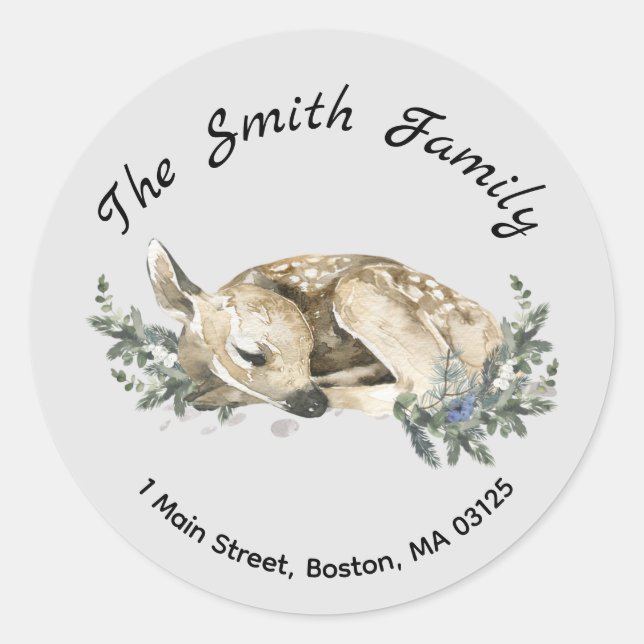 Winter Woodland Deer Christmas Return Address Classic Round Sticker (Front)