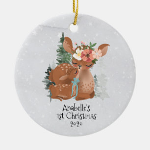 Winter Woodland Deer Mama Baby 1st Christmas Ceramic Ornament
