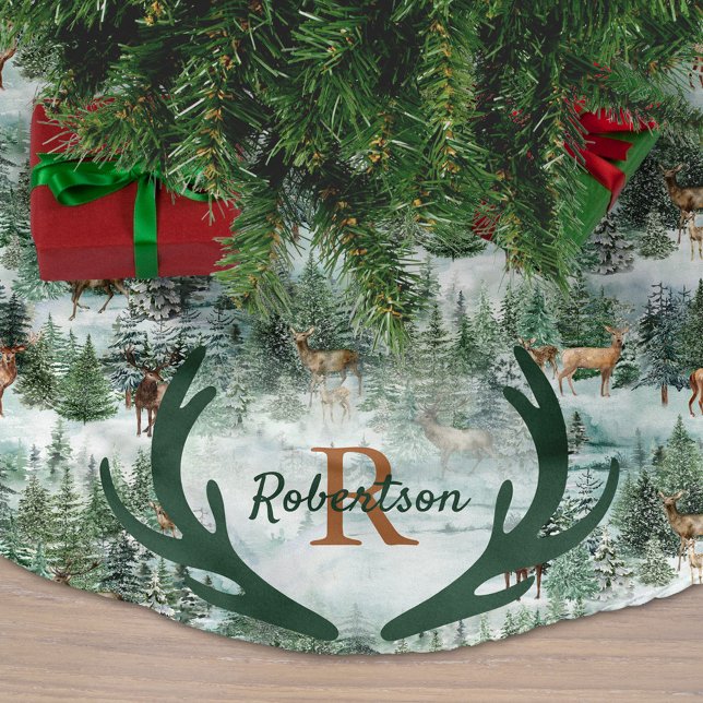 Winter Woodland Deer Monogram Christmas  Brushed Polyester Tree Skirt (Creator Uploaded)