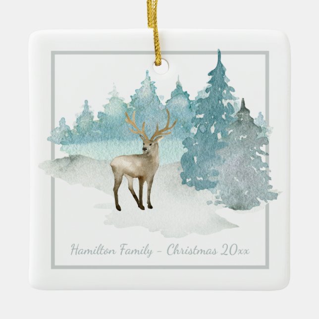 Winter Woodland Deer Personalised Christmas Ceramic Ornament (Front)
