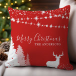 Winter Woodland Deer Red Family Christmas Cushion<br><div class="desc">Celebrate the holidays with this elegant Winter Woodland Deer throw pillow, featuring a custom monogram. The rich red background is adorned with a serene white woodland scene, complete with a majestic deer and twinkling stars. Personalise it with your family name to create a festive and sophisticated touch to your home...</div>