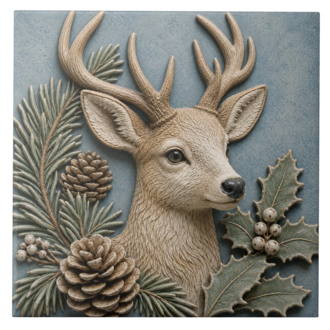 Winter Woodland Deer with Holly & Pine Cones Ceramic Tile (Front)