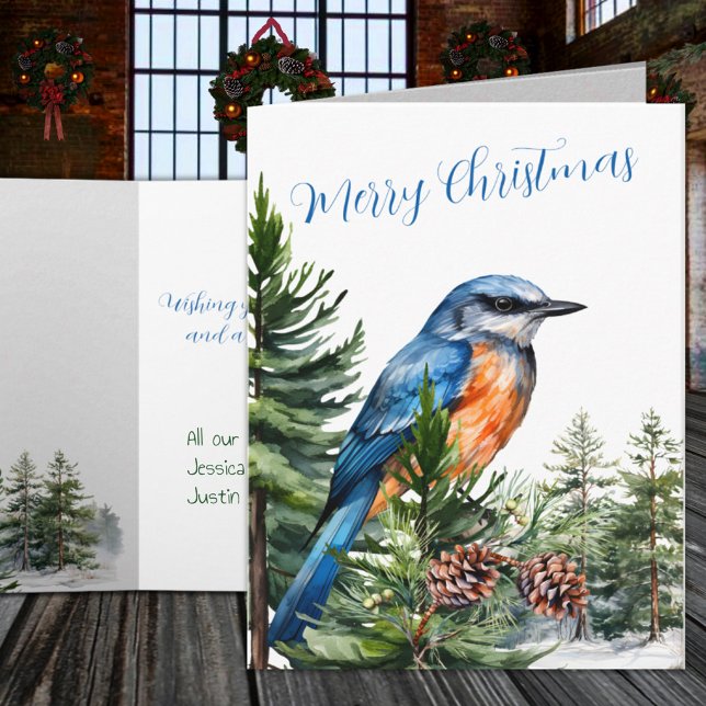 Winter Woodland Eastern Bluebird Pine Tree Forest Holiday Card (Winter Woodland Eastern Bluebird Pine Tree Forest Holiday Card)