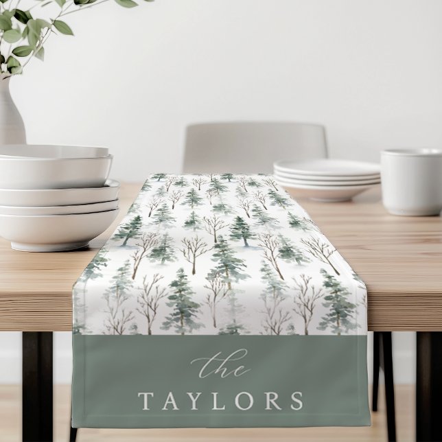 Winter Woodland Evergreen Forest Personalised Short Table Runner (Creator Uploaded)