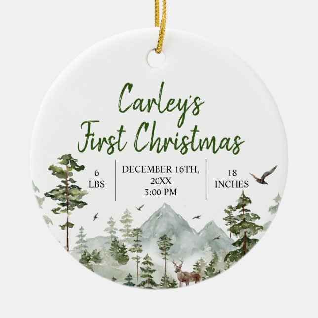 Winter Woodland First Christmas Pine Tree Ceramic Ornament (Front)