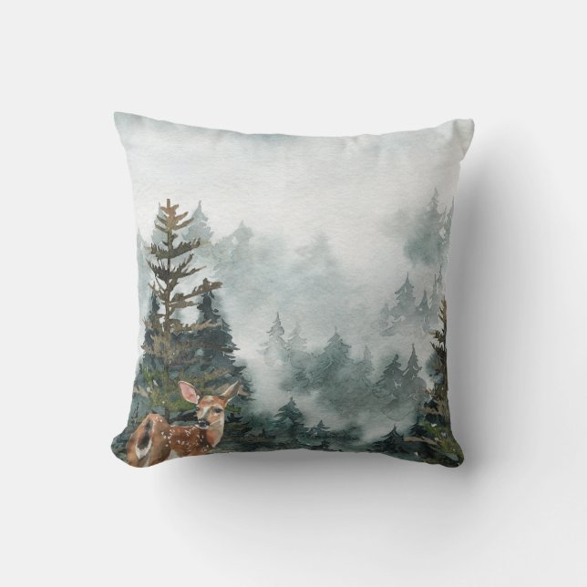 Winter Woodland Foggy Mountain Forest Doe Cushion (Front)