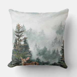 Winter Woodland Foggy Mountain Forest Doe Deer Cushion