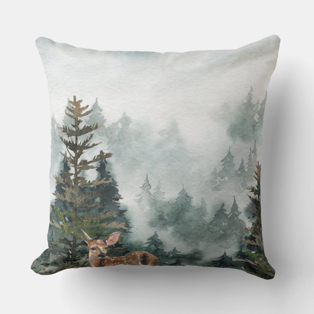 Winter Woodland Foggy Mountain Forest Doe Deer Cushion (Front)