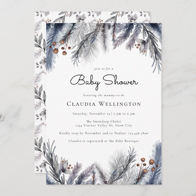 Winter Woodland Foliage Watercolor Baby Shower Invitation (Front/Back)