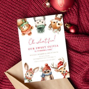 Winter woodland forest animals 1st birthday party invitation