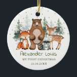 Winter Woodland Forest Animals Baby 1st Christmas Ceramic Ornament<br><div class="desc">This adorable design features elegant green and gold botanical greenery and a group of cute woodland animals.</div>