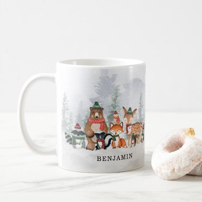 Winter Woodland Forest Animals Kids Holiday Gift Coffee Mug (With Donut)