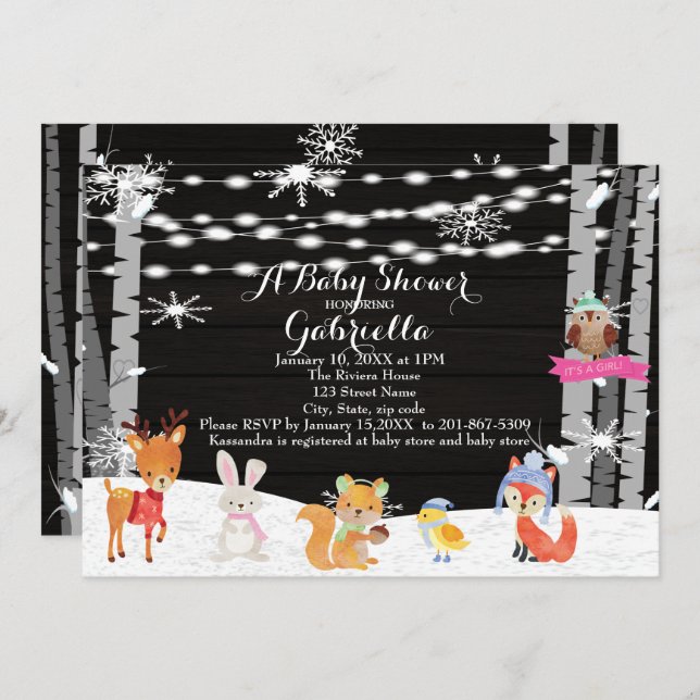 Winter Woodland Forest Baby Girl Shower Invitation (Front/Back)