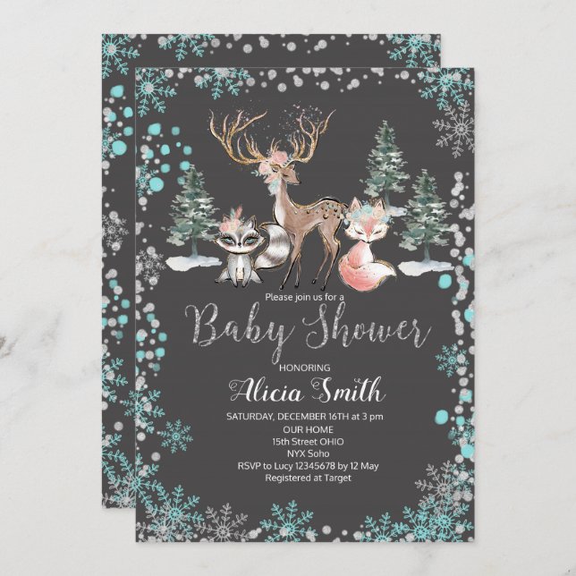 Winter Woodland Forest Baby Shower Invitation Mint (Front/Back)