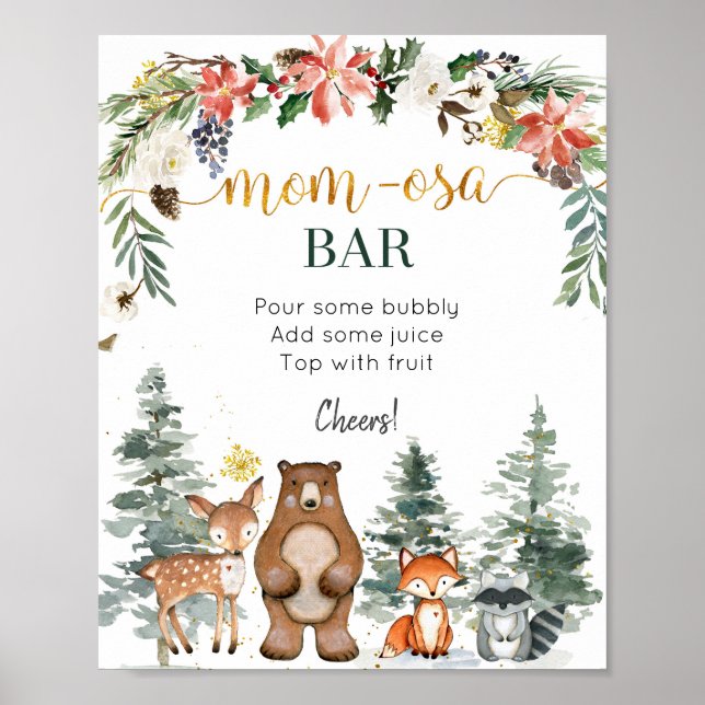 Winter Woodland Forest Baby Shower Momosa Bar Poster (Front)