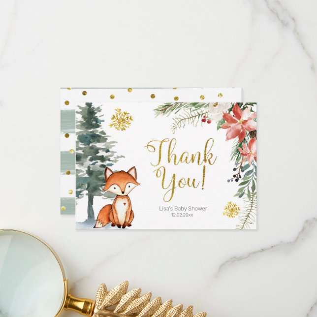 Winter Woodland Forest Baby Shower Thank You card (Front/Back In Situ)