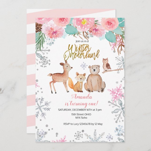 Winter woodland Forest Deer Owl Birthday Invitation (Front/Back)