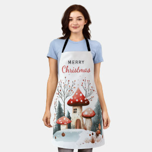 Winter Woodland Forest Mushrooms Merry Christmas Apron