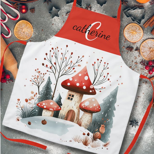 Winter Woodland Forest Mushrooms Monogram Name Apron (Creator Uploaded)