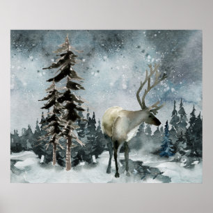 Winter Woodland Forest Stag Deer Night Sky Poster