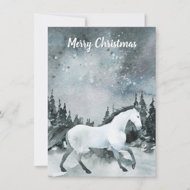 Winter Woodland Forest White Horse Merry Christmas Card (Front)