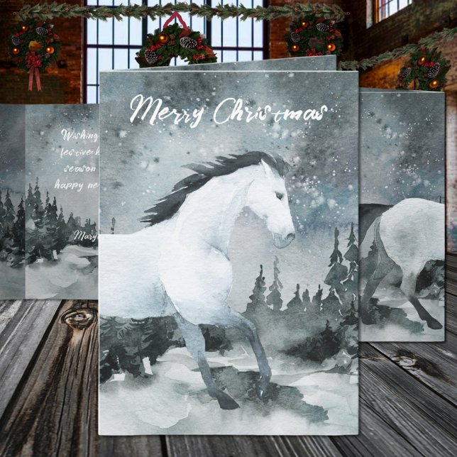 Winter Woodland Forest White Horse Merry Christmas Holiday Card (Winter Woodland Forest White Horse Merry Christmas Holiday Card. Edit this text front & inside card.)