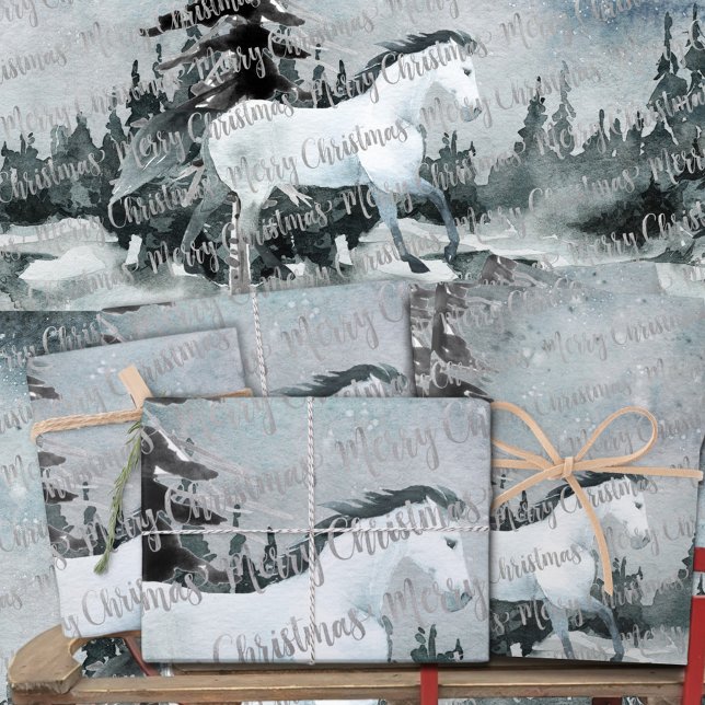 Winter Woodland Forest White Horse Merry Christmas Wrapping Paper Sheet (Winter Woodland Forest White Horse Merry Christmas Silver Calligraphy Holiday Gift Wrap Sheets Trio)