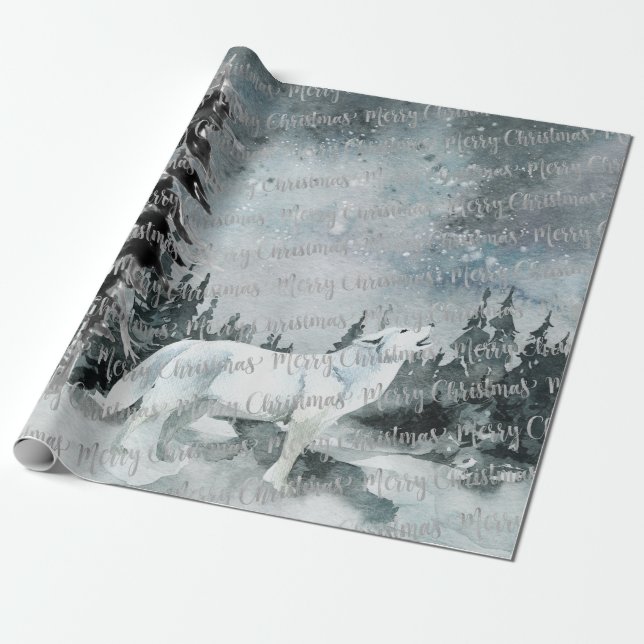 Winter Woodland Forest White Wolf Merry Christmas Wrapping Paper (Unrolled)