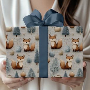 Winter Woodland Fox and Christmas Tree in Blue Wrapping Paper
