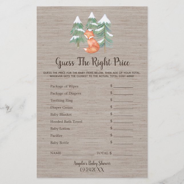Winter Woodland Fox Guess the Right Price Game Flyer (Front)