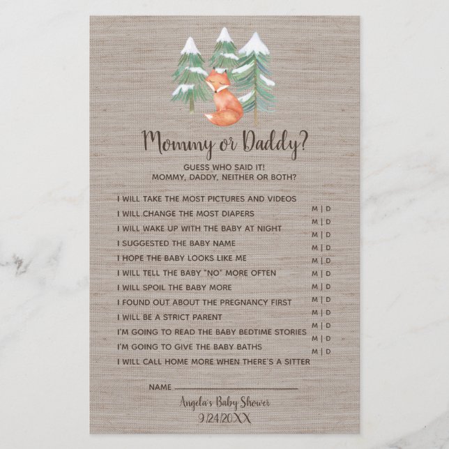 Winter Woodland Fox Mummy or Daddy Game Flyer (Front)