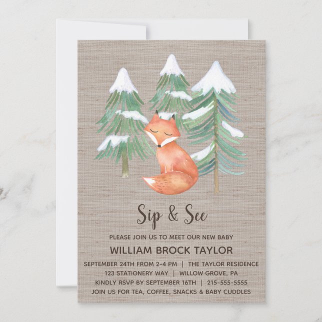 Winter Woodland Fox Sip and See Invitation (Front)