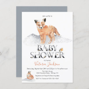 Winter woodland fox watercolor baby shower invitation
