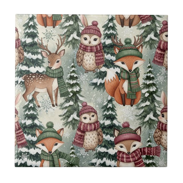 Winter Woodland Friends – Cute Animals Ceramic Tile (Front)