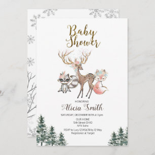 Winter woodland girl baby shower invitation