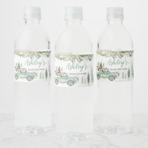 Winter Woodland Green Truck Baby Shower  Water Bottle Label