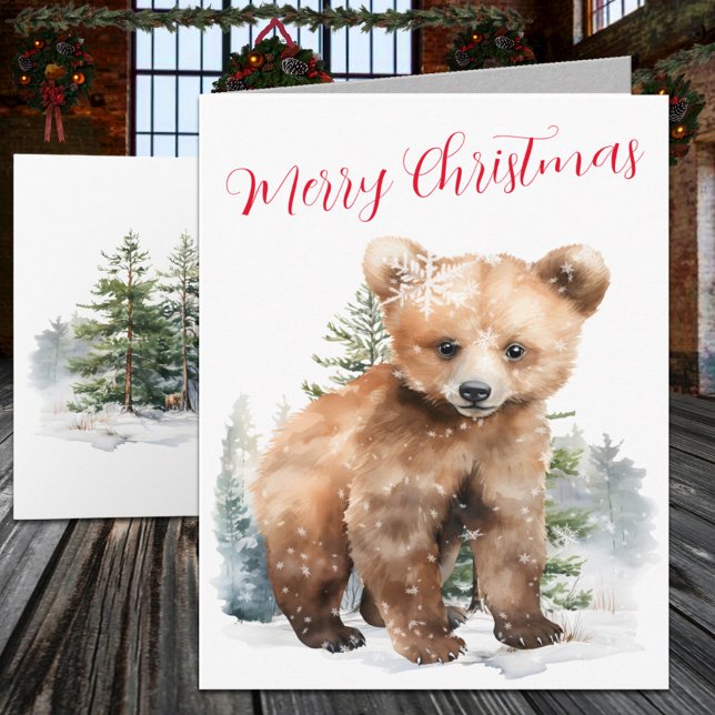 Winter Woodland Grizzly Bear Cub In A Pine Forest  Holiday Card (Winter Woodland Grizzly Bear Cub In A Pine Forest Holiday Card)