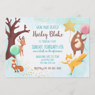 Winter Woodland Ice Skating Wild Animals Birthday Invitation