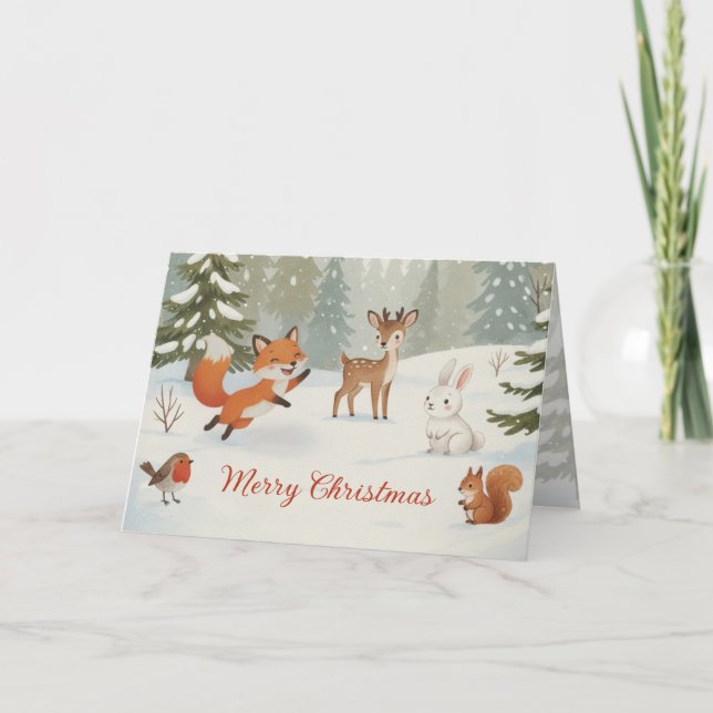Winter Woodland Merry Christmas Forest Animals Holiday Card (Front)