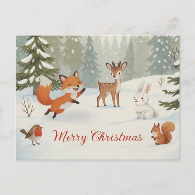 Winter Woodland Merry Christmas Forest Animals Postcard (Front)