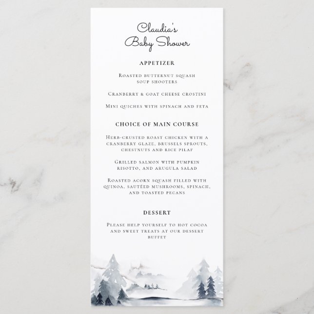Winter Woodland Modern Script Baby Shower Menu (Front)