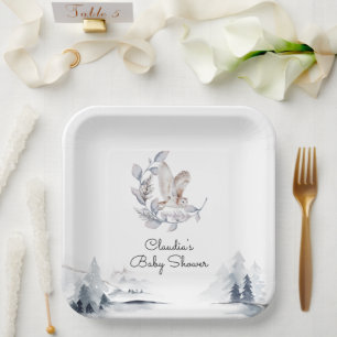 Winter Woodland Owl Modern Script Baby Shower Paper Plate