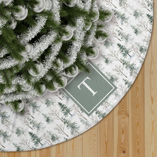 Winter Woodland Pine Tree Pattern Monogram Brushed Polyester Tree Skirt (Creator Uploaded)