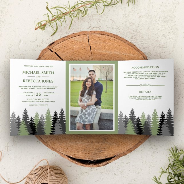 Winter Woodland Pine Trees Photo Forest Wedding Tri-Fold Invitation (Creator Uploaded)