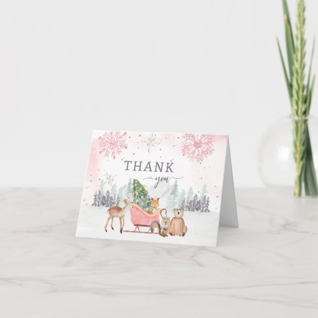 Winter Woodland Pink Baby Shower Thank You Card (Front)